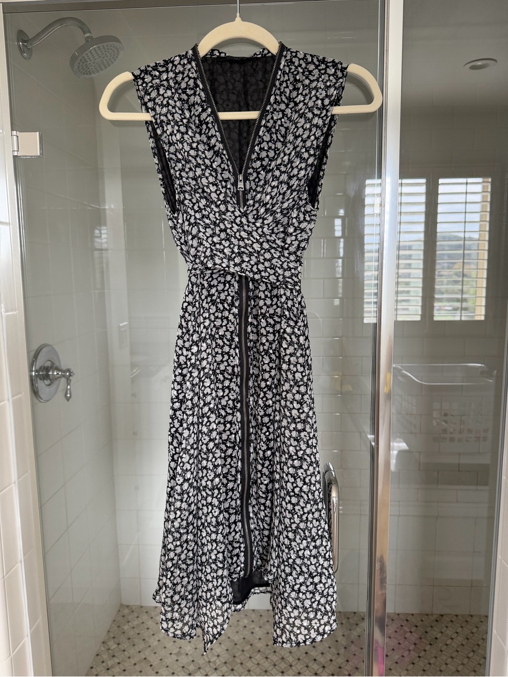 All Saints Black and White Floral Midi Dress with Front Zip